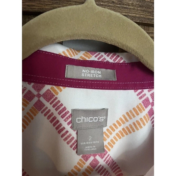 Chicos 2 Womens Shirt Size 14 3/4 Sleeve No Iron Button Down Front Pink Orange - Picture 3 of 7